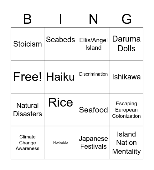Japan's Physical Geography Bingo Card