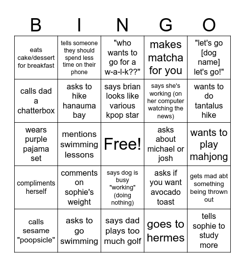 mom bingo Card