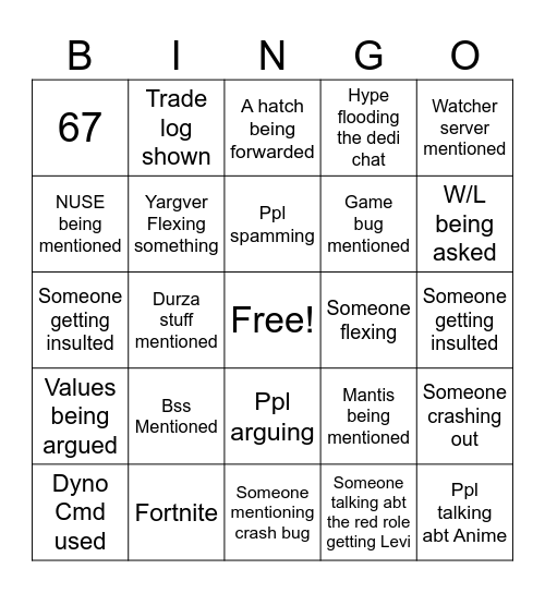The Rumble Studios Bingo Card