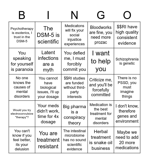 P$ychiatrist Bullshit Bingo Card