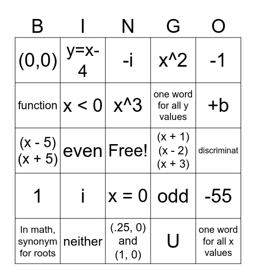 Semester Exam Review Bingo Card
