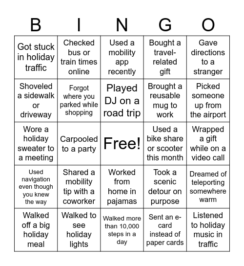 Holiday Mobility Bingo Card