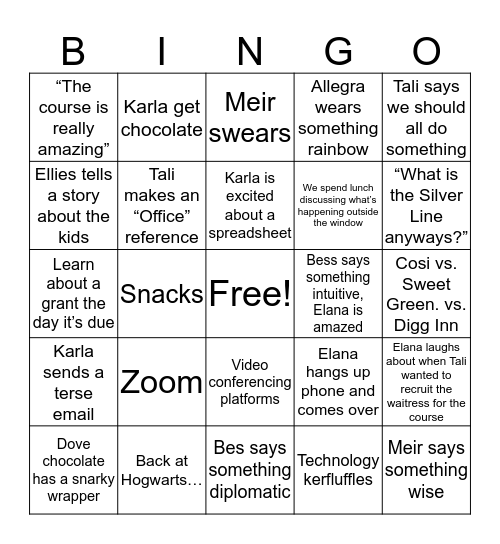 Bess and Tali Bingo Card