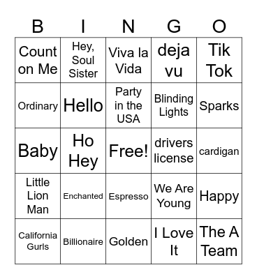 Pop Music Bingo Card