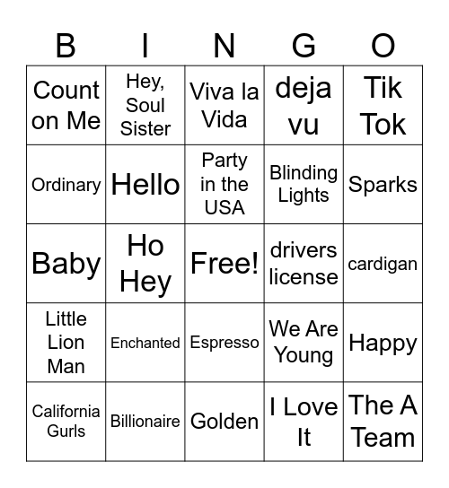 Pop Music Bingo Card