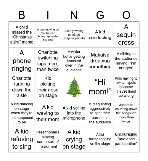 PSS Christmas Concert Bingo Card
