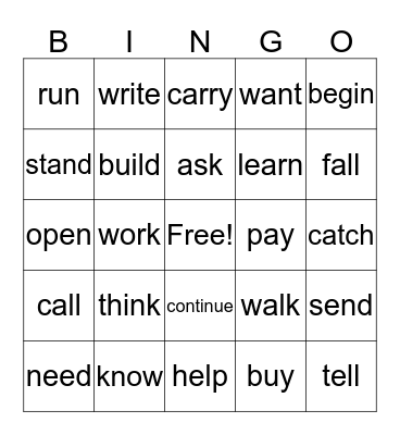 Verbs Bingo Card