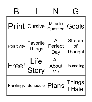Therapeutic Writing Bingo Card