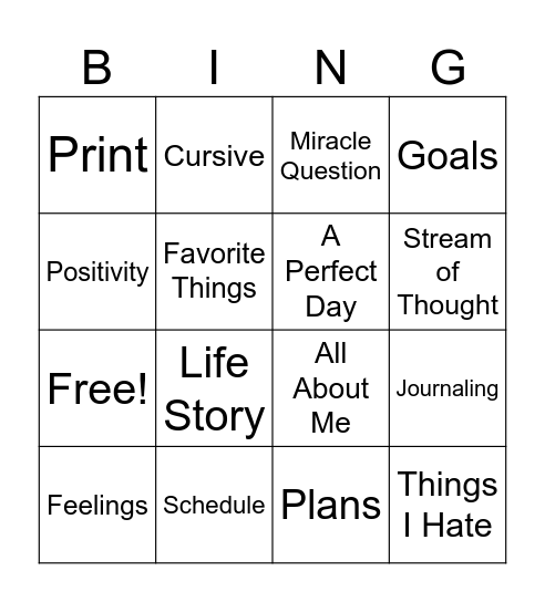 Therapeutic Writing Bingo Card