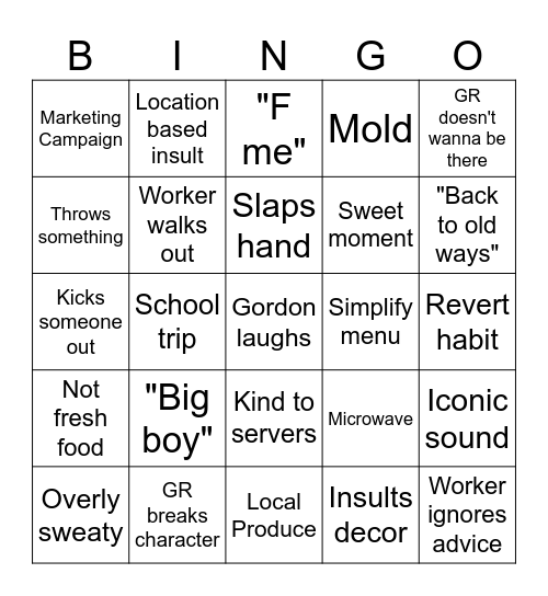 Kitchen Nightmares Bingo Card
