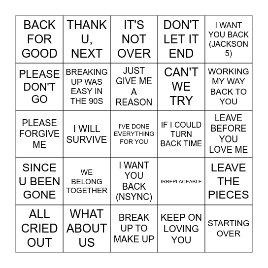 MAKEUPS & BREAKUPS Bingo Card