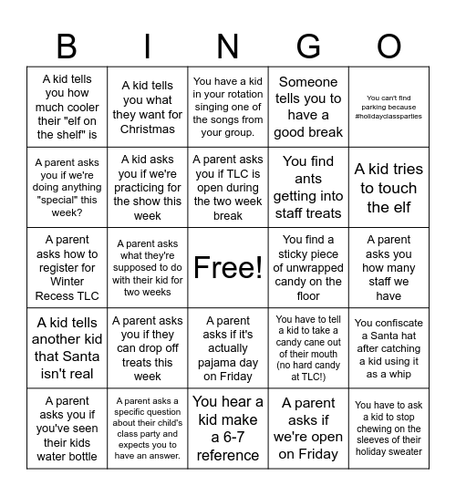 Holiday Break Countdown BINGO Card