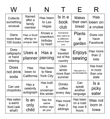 Winter Celebration Bingo Card