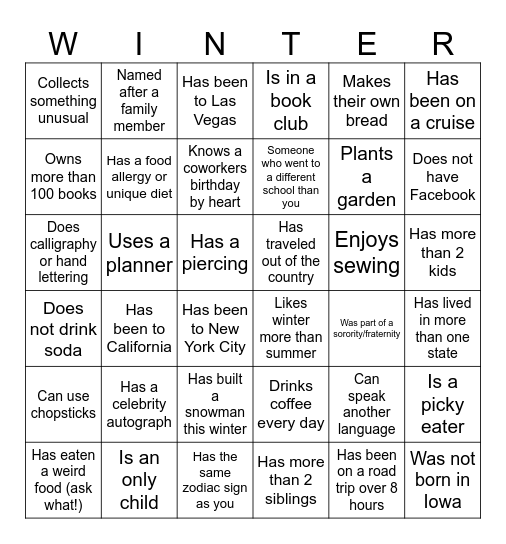 Winter Celebration Bingo Card