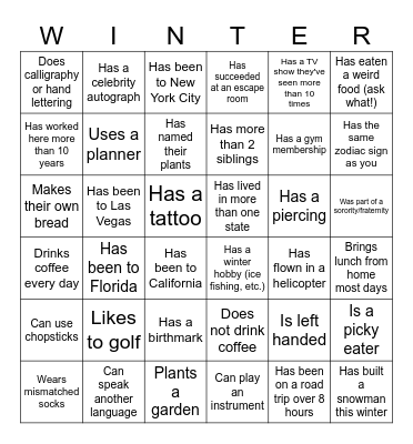 Winter Celebration Bingo Card