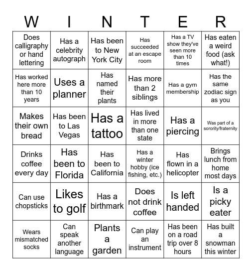 Winter Celebration Bingo Card