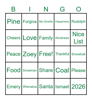 GFC Holiday Bingo Card