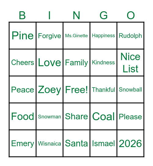 GFC Holiday Bingo Card