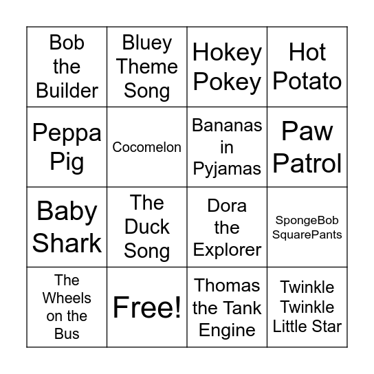 Kids Hits Bingo Card