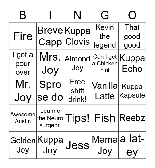 Kuppa Joy 2016 Bingo Card