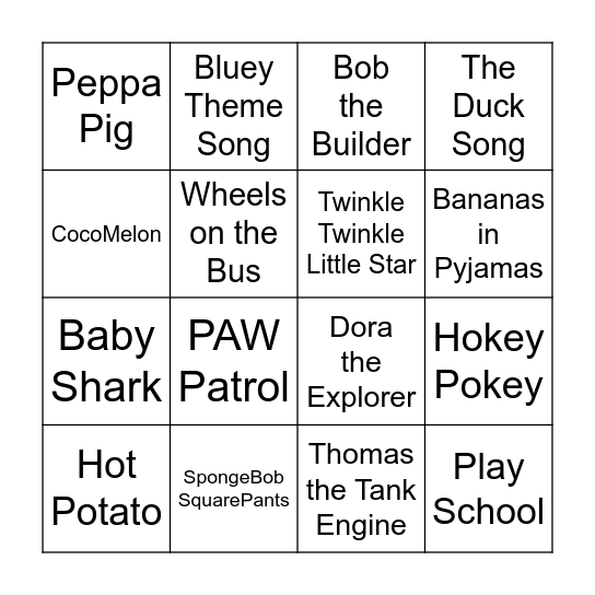 Kids Hits Bingo Card
