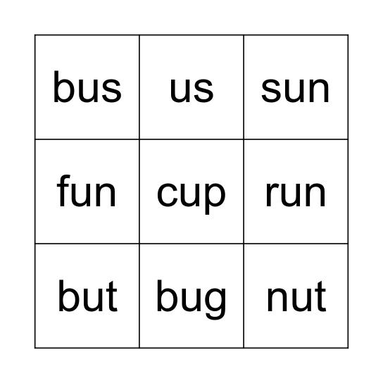 short U sound Bingo Card