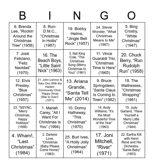 Best Christmas Songs Bingo Card