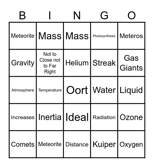 Unit 4 Solar System Review Bingo Card