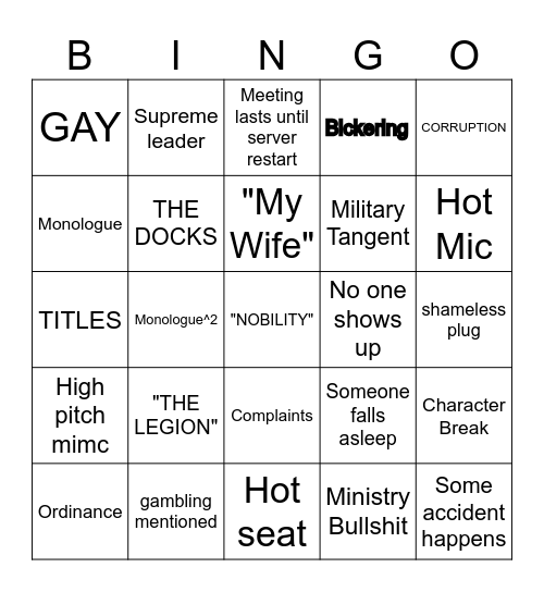 Turtle Bay Faction Meeting Bingo Card