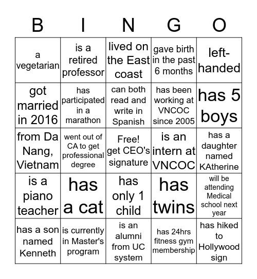 Find someone who fits the description in each box below and have that person print name legibly Bingo Card