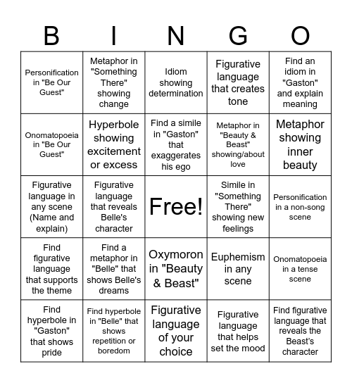 Beauty and the Beast Bingo Card