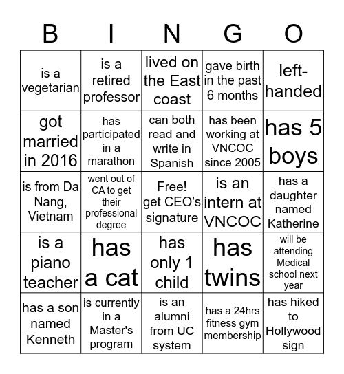 Find someone who fits the description in each box below and have that person print their name legibly Bingo Card