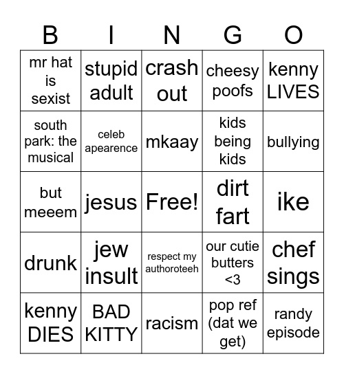 South Park Bingo Card