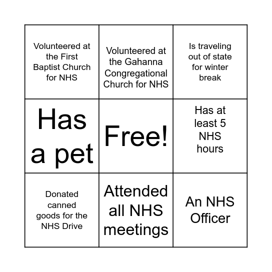 NHS Bingo Card