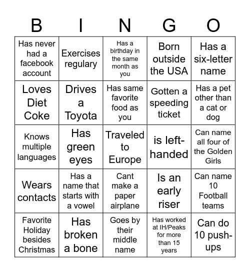 Getting to Know You Bingo Card