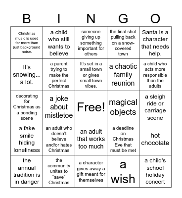 Classic Christmas Movie Tropes Bingo Card