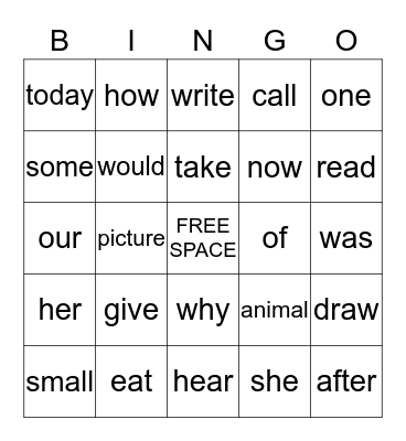 Sight Word Bingo Card