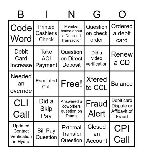Contact Center Bingo Card