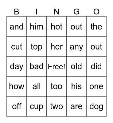 Three Letter Sight Words Bingo Card