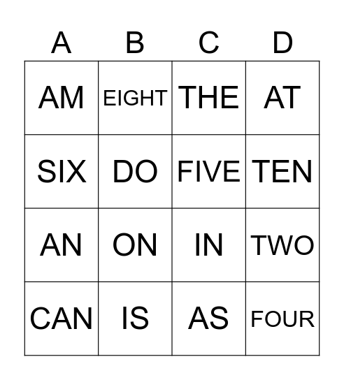 SIGHT WORD BINGO Card