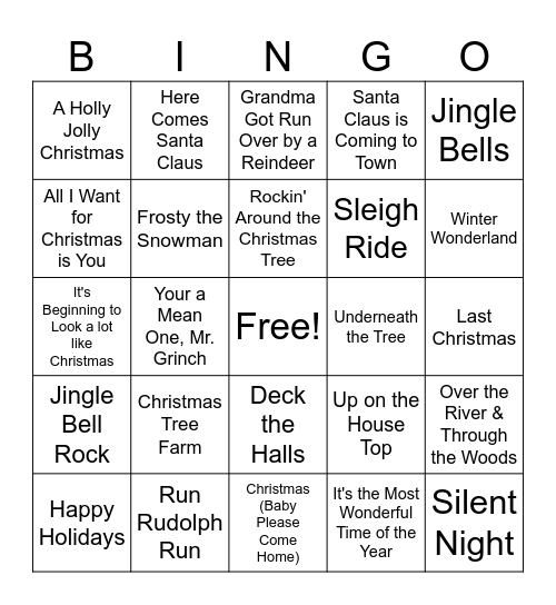 Christmas Songs Bingo Card