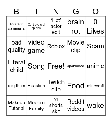 YouTube shorts Bingo Card