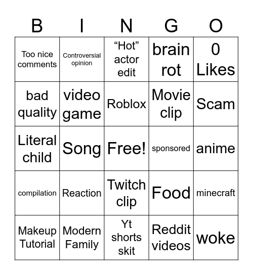 YouTube shorts Bingo Card