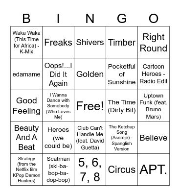 Bangers Dance Mix Bingo Card