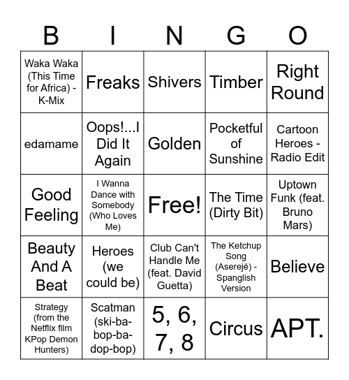 Bangers Dance Mix Bingo Card