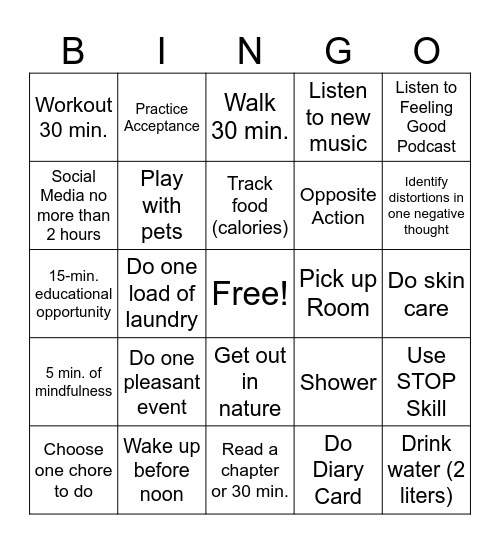 Self Care BD Bingo Card