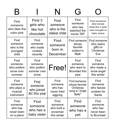 AC Girls Christmas Bingo Card