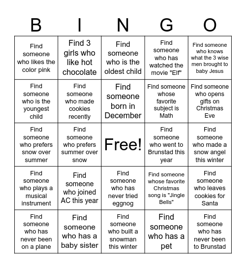 AC Girls Christmas Bingo Card