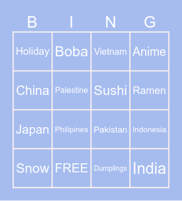 Asian Holiday Bingo Card