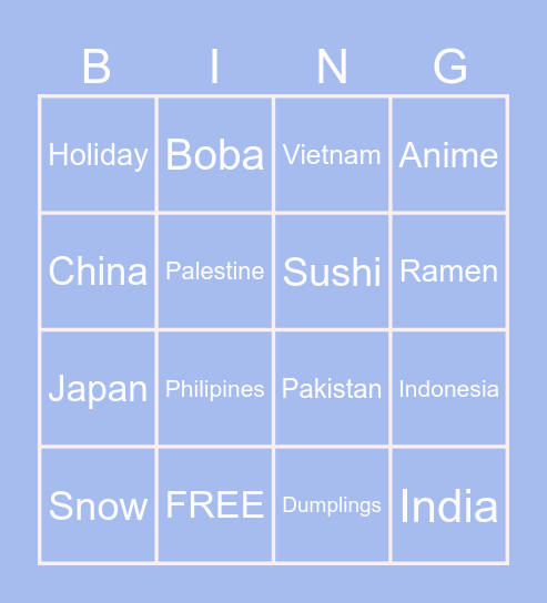 Asian Holiday Bingo Card